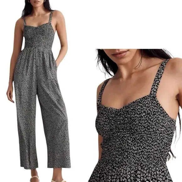 Madewell Jumpsuit XXS Black Floral Lucie Wide-Leg Micro Daisy Sweetheart - Picture 1 of 12